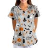 Damen Halloween Print V-Ausschnitt Kurzarm Kasack mit Taschen Lockerer Schnitt