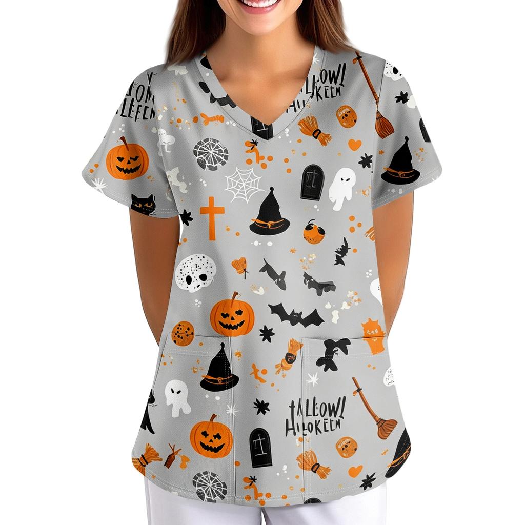 Damen Halloween Print V-Ausschnitt Kurzarm Kasack mit Taschen Lockerer Schnitt