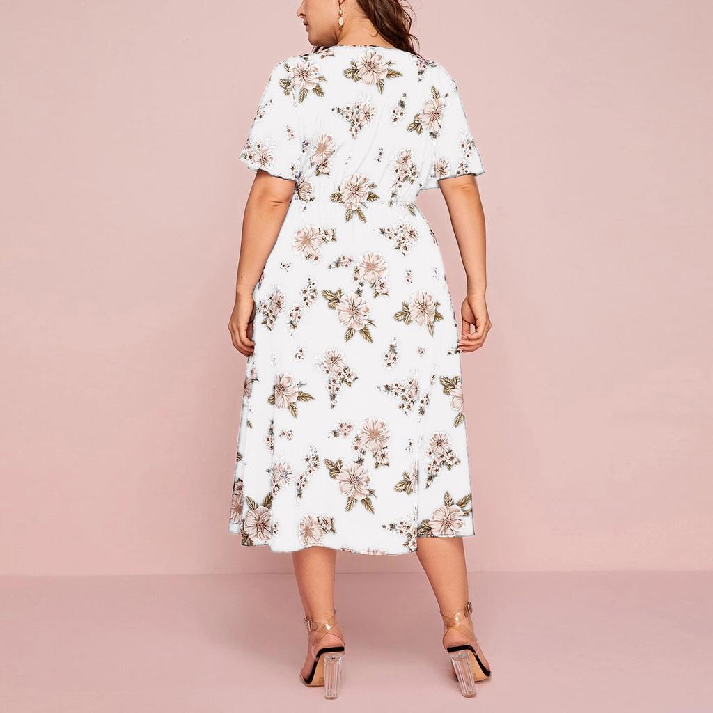 Large Size Ladies Flower Print V-neck Short-sleeved Dress European and American Waist Loose Split Mid-length Chiffon Skirt