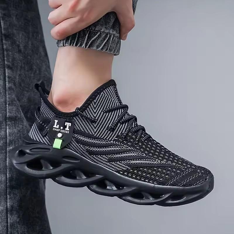 Men'S Running Shoes Fashionable High Quality Knitted Upper Breathable Hollow Out Shock Absorbing Sole Outdoor Activity Sneakers