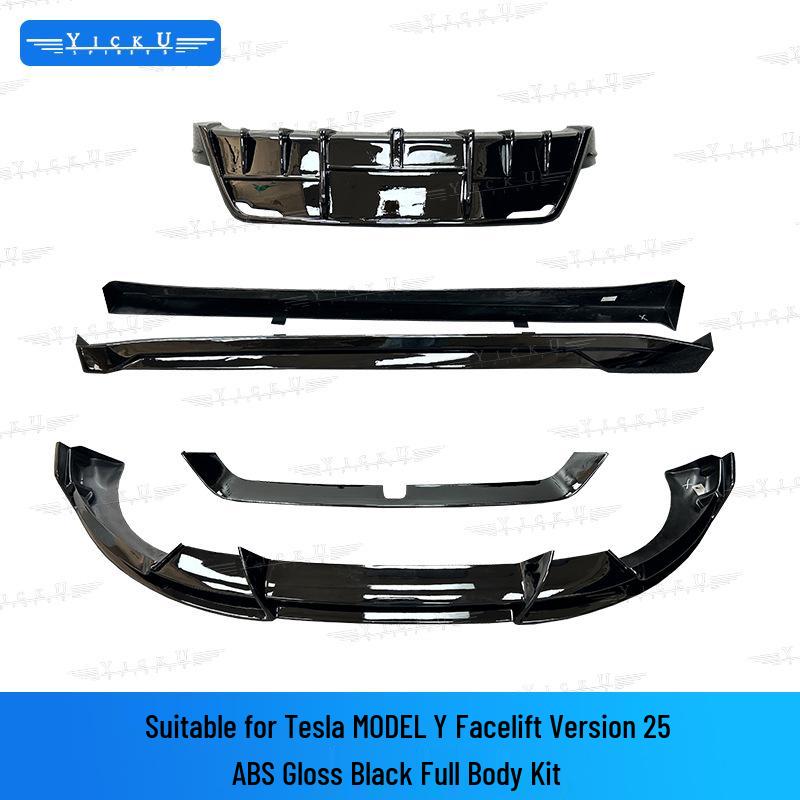 Gloss Black Front Lip & Side Skirts with Lights for 2025 Tesla Model Y Facelift, Includes Rear Lip, Front Splitter & Rear Diffuser.