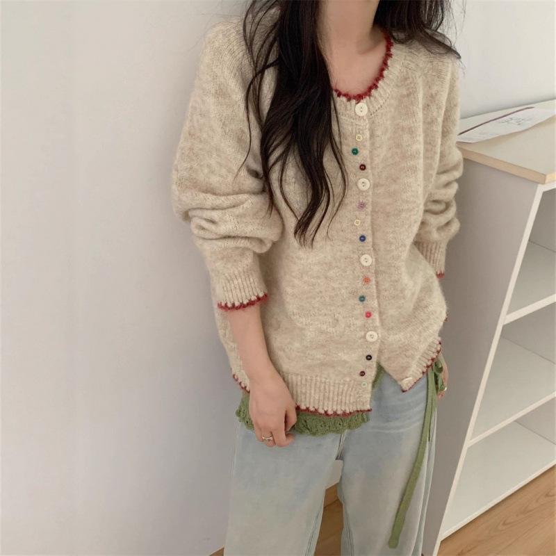 

Autumn Winter Korean Lazy Style Color Button Knit Cardigan Versatile Top Loose Womens Sweater Coat One Size