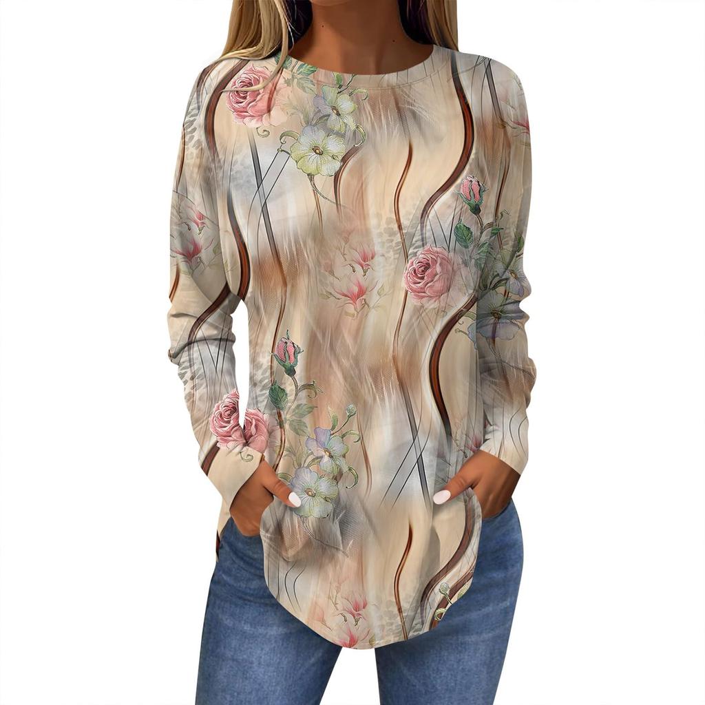Camiseta de mujer con estampado de hojas en 3D, manga larga, cuello redondo, estilo clásico, ideal para vacaciones, fines de semana, primavera y otoño.