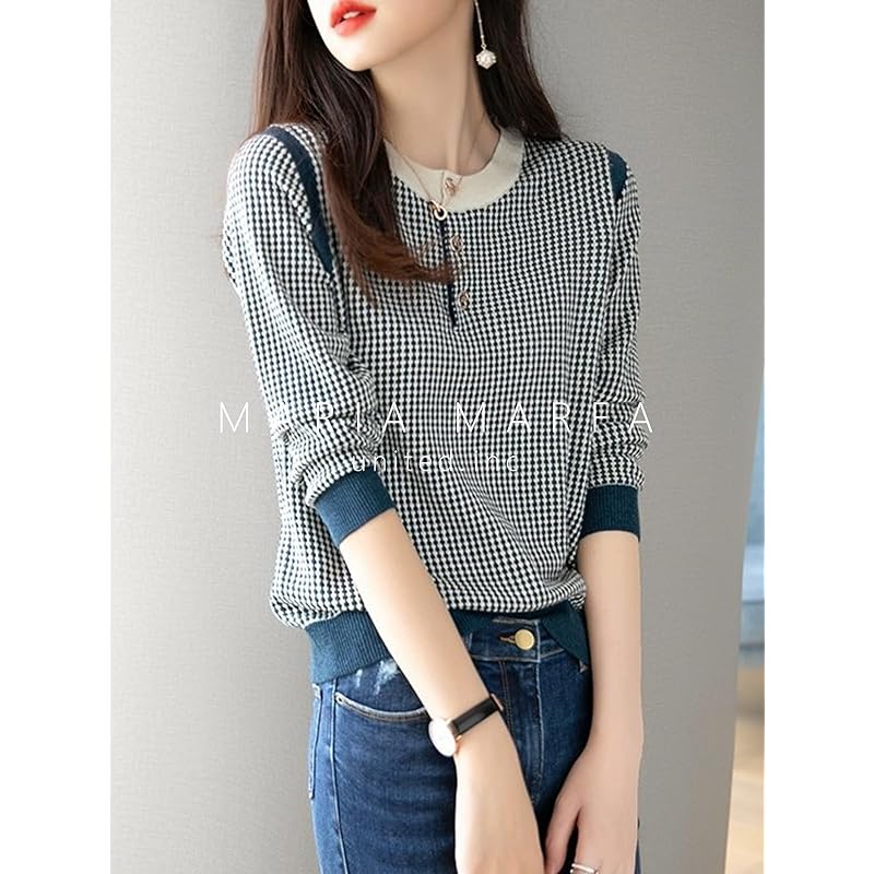 [MARIA MARFA] ladies tops spring knit check pattern wind adult office casual fashionable neat and clean Neat clothes l blue 5S-M06-BLL