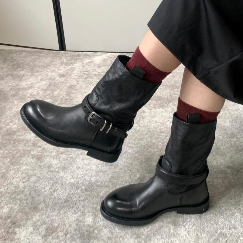 

25 years of new products~ retro thick heel Martin boots women s autumn and winter new one-button thin knight boots 35 чёрный