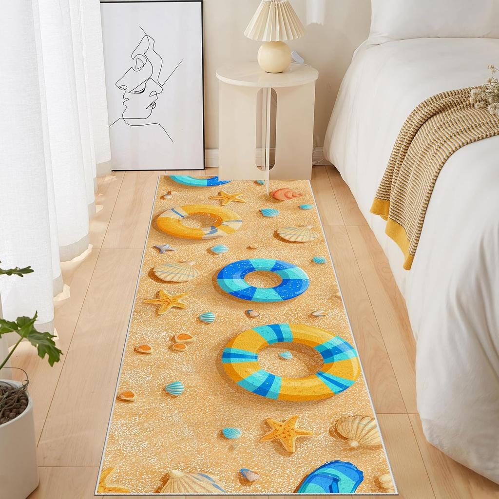 Cartoon Beach Scene Illustration Runner Rug Vacation Lifebuoy Shell Starfish Print Carpet Non-Slip Hallway Living Room Floormat