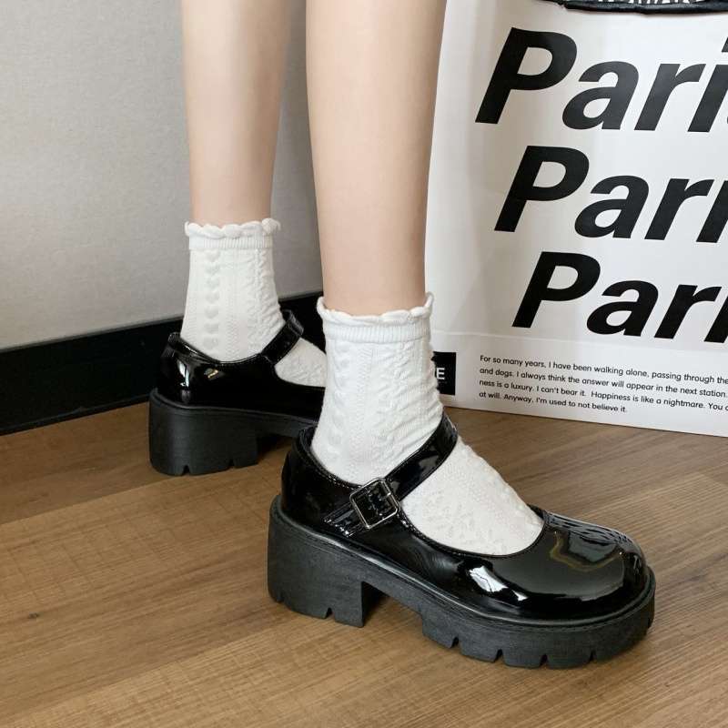 Black Mary Jane Small Leather Shoes Women's Summer Thin Japanese Jk Thick-soled Shallow Mouth Retro British Style with Skirt Single Shoes
