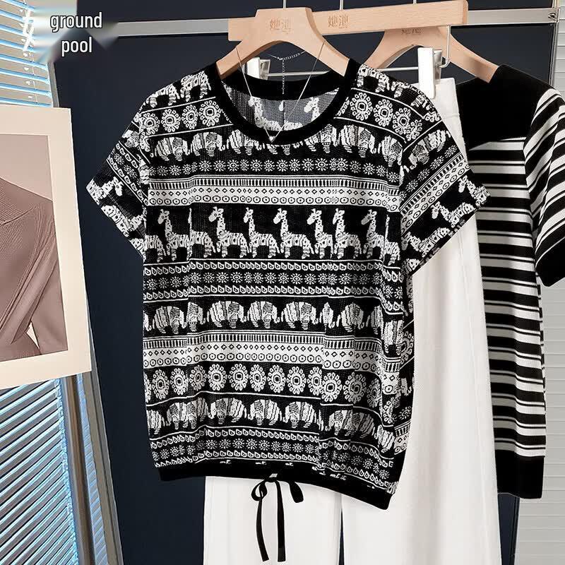 Women s Exotic Style Color-block Print Round Neck T-Shirt M