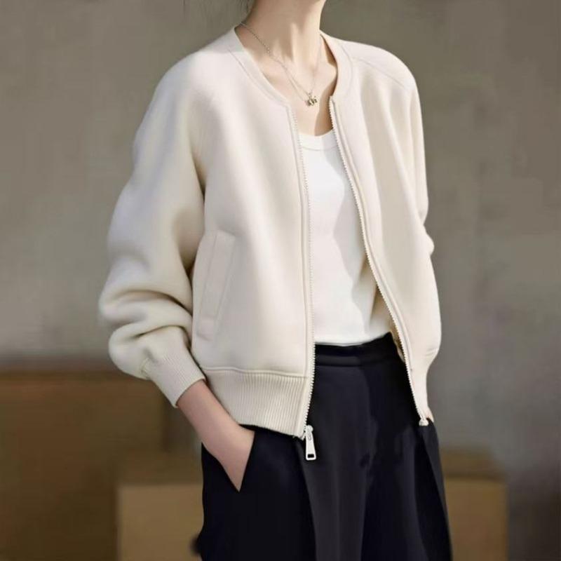 Women S Beige Short Flight Jacket Loose Fit Baseball Coat