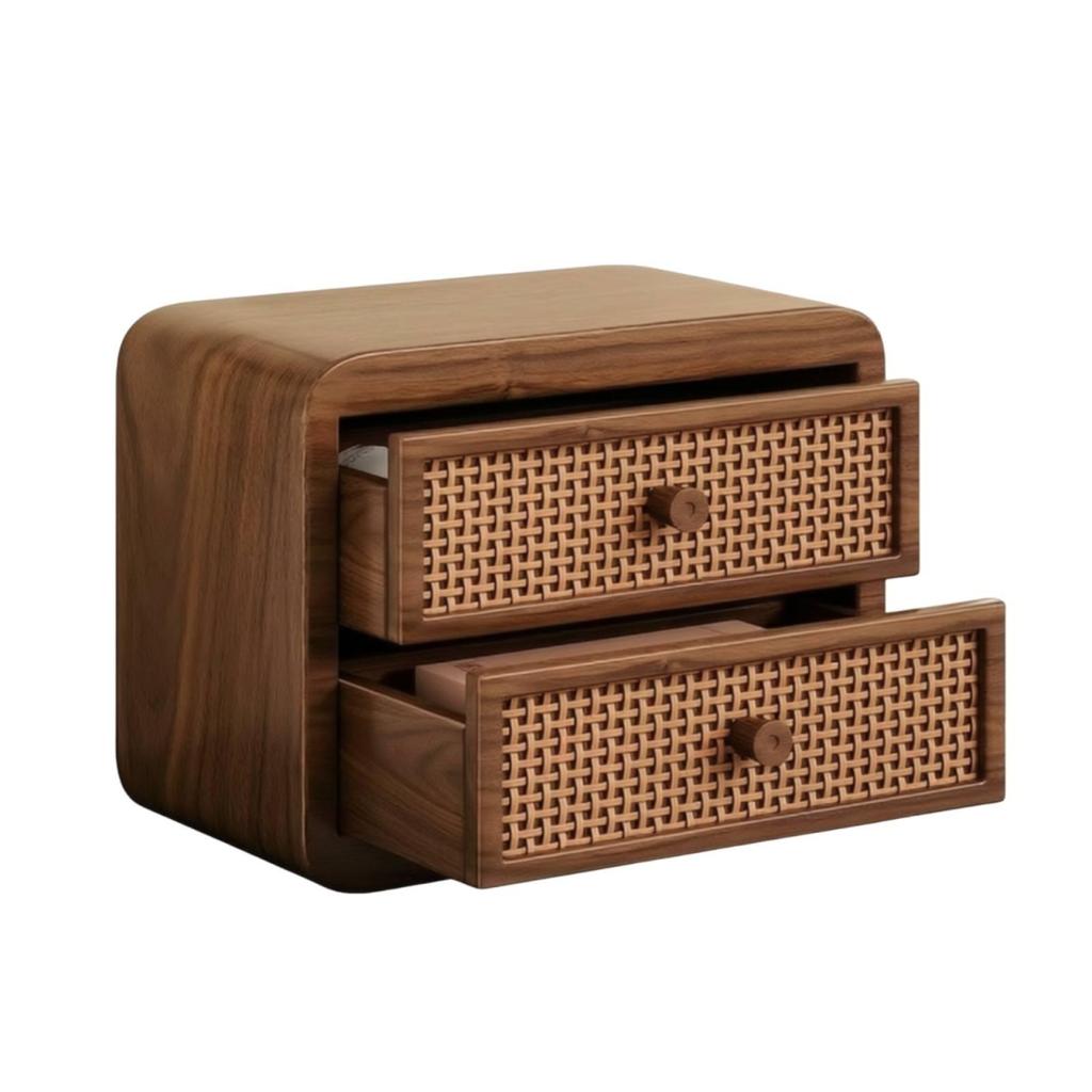 Sturdy Rattan Drawer Vanity Box | Minimalist, Walnut Finish Makeup Chest, for