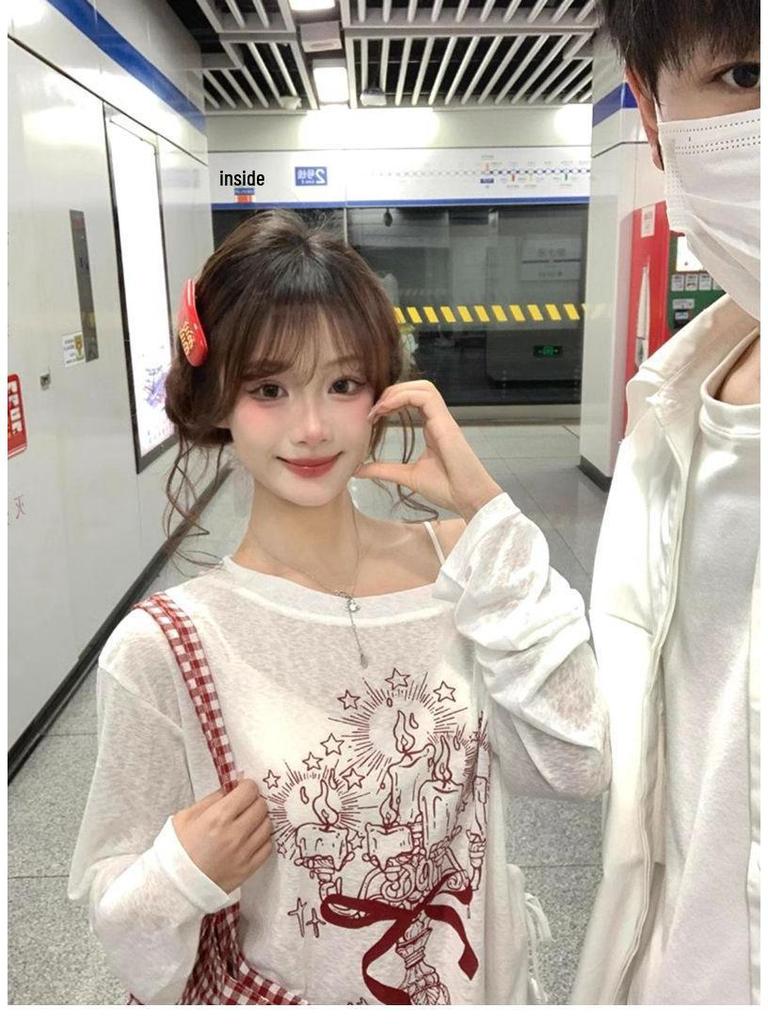 White Off-Shoulder Graffiti Print Long-Sleeve Blouse with Drawstring