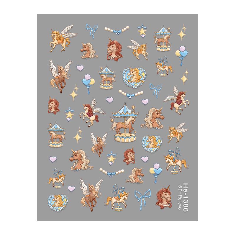 Redanco 5D Embossed Unicorn Nail Art Stickers - Amusement Park Cartoon Theme (He1386)