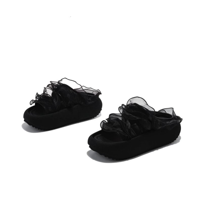 

Французское кружево прохладные тапочки женские лето 2025 новая мода универсальные с юбкой носить с открытым носком пляжные тапочки 40 чёрный