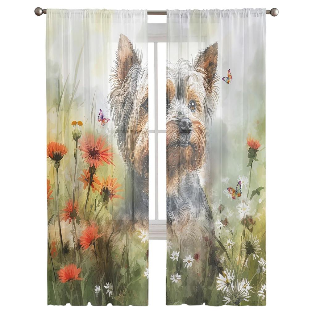 Flower Pet Dog Watercolor Butterfly Tulle Curtains for Living Room Sheer Curtain for Bedroom Window Blinds Voile Curtains