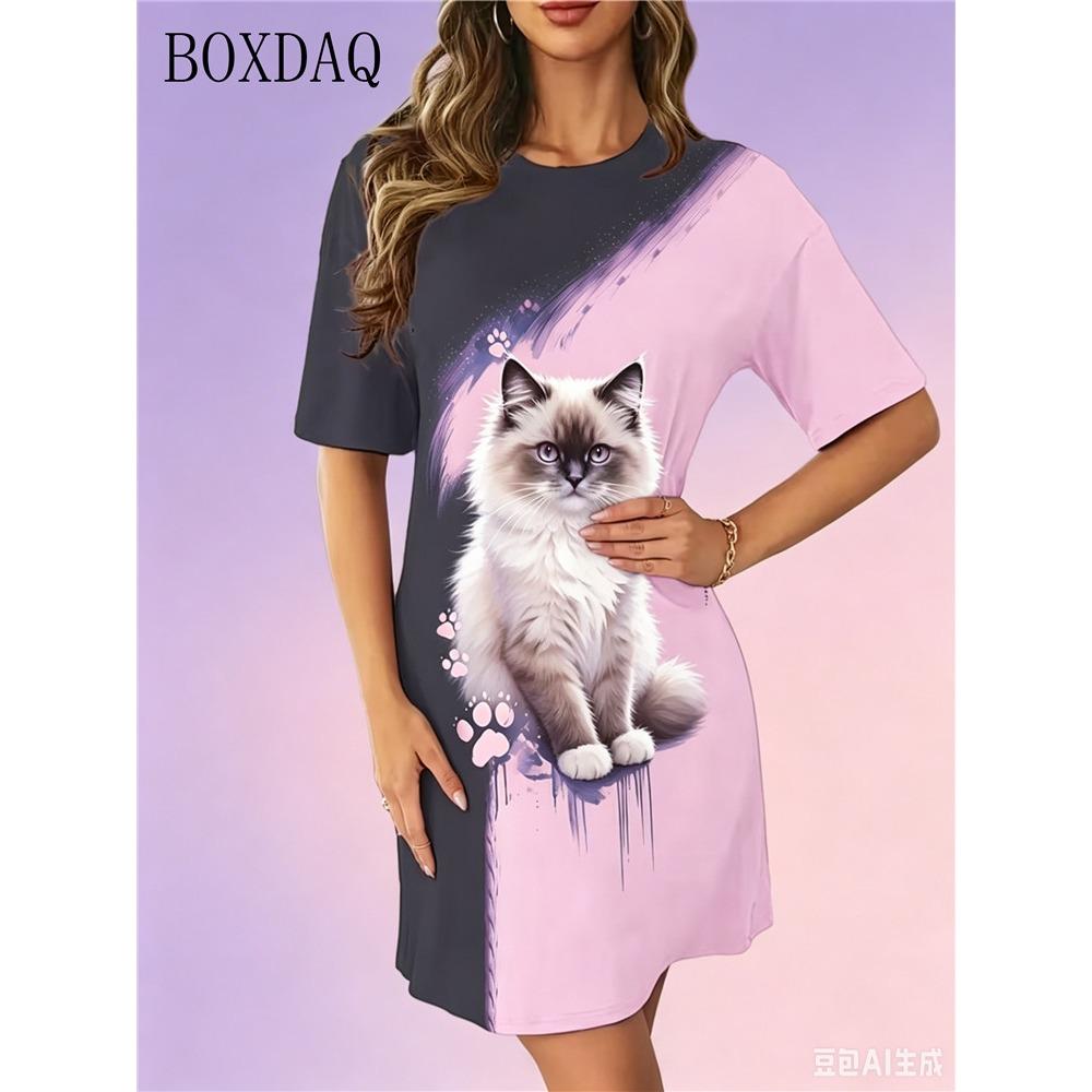 Summer Women's Dresses Casual Short Sleeve Round Neck Cute Cat Pattern Printed Loose Dress