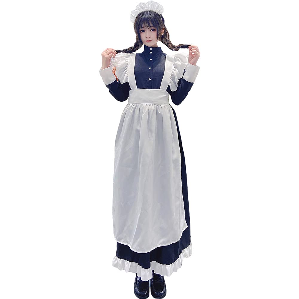 YIUHK Dienstmädchen Lang Lolita Halloween Klassisch Inklusive Haarreif und Set Damen Britischer Stil Outfit, Ärmel, Cosplay, Kostüm, Kleid, Schürze, Veranstaltung,