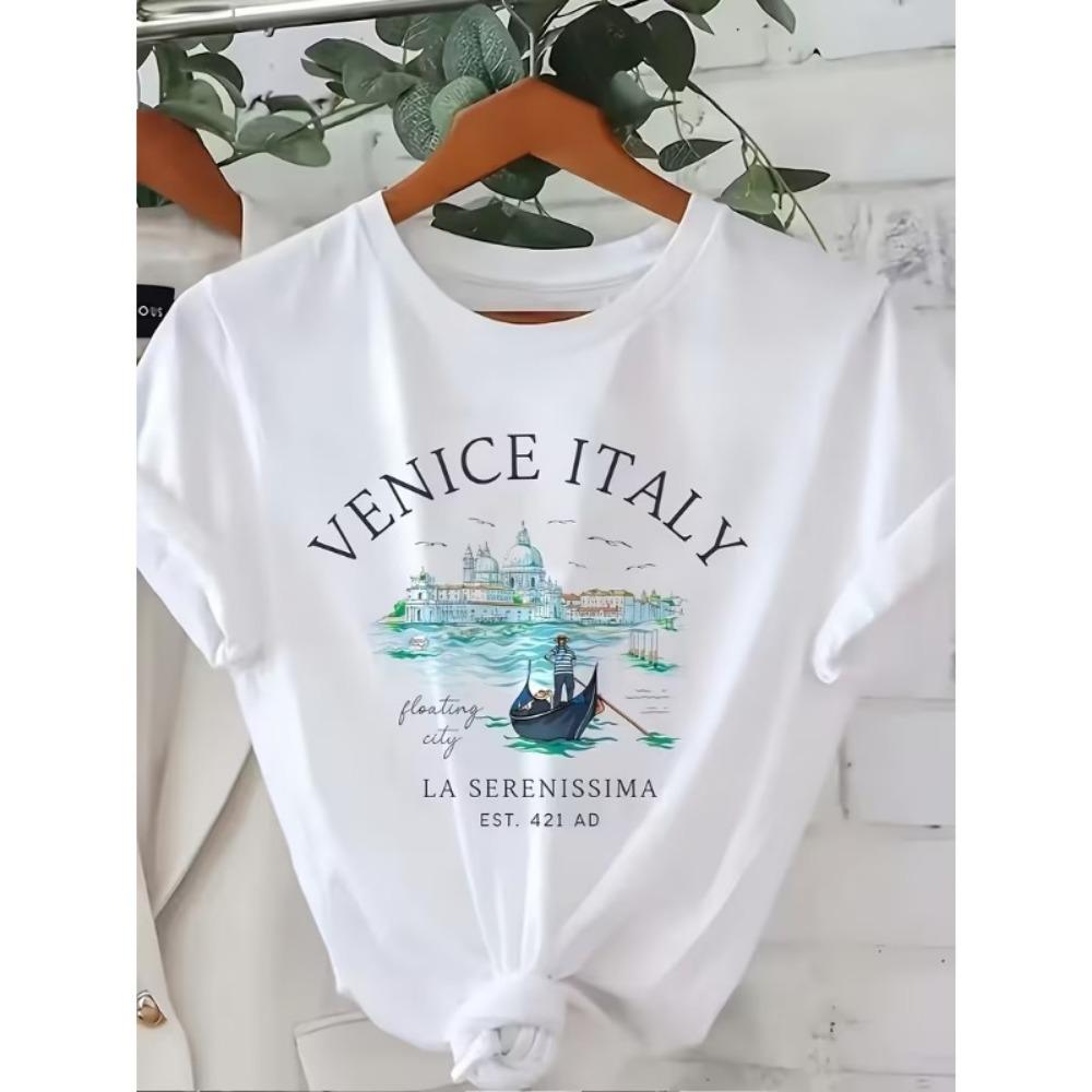 Cityscape Graphic T-Shirt Women’s Crew Neck Short Sleeve Switzerland Travel Print Soft Comfortable Top for Travel Wear