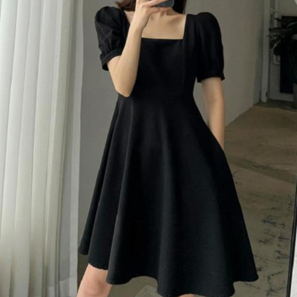 Square Neck Retro Short Sleeve Women Dress  Fashion Summer Elegant Female Basic Bodycon A Line Dresses