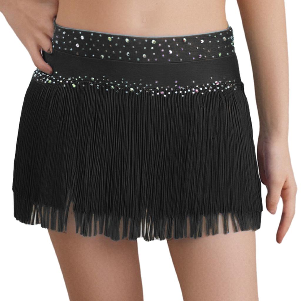 Fete Strălucitoare Strass Ciucure Fustă Scurtă Culoare Uni Dans Latin Scenă Performanță Îmbrăcăminte
