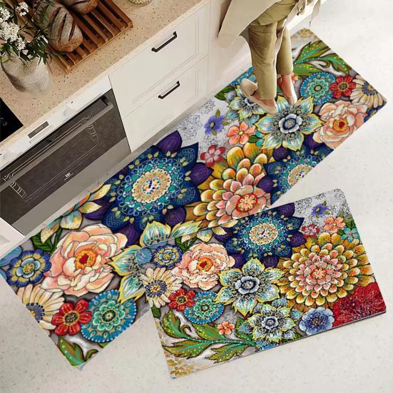 2 alfombras de cocina con estampado floral de colores vibrantes, resistentes al desgaste, antideslizantes, fáciles de limpiar, antiincrustantes