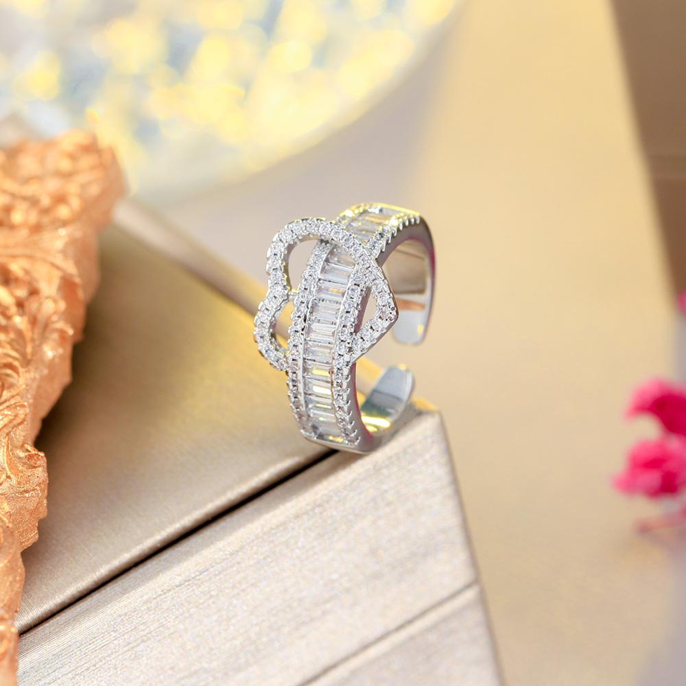 CMM Schmuck Exquisiter Liebesherzförmiger Silberfarbener Zirkonia Öffnender Verstellbarer Ring für Liebhaber Schmuck Geschenk