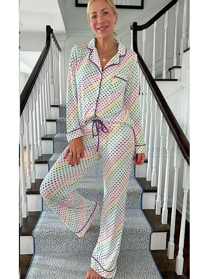 

Женский пижамный комплект с принтом бантиков: Длинный рукав, Длинные брюки, Дизайн с лацканами Large