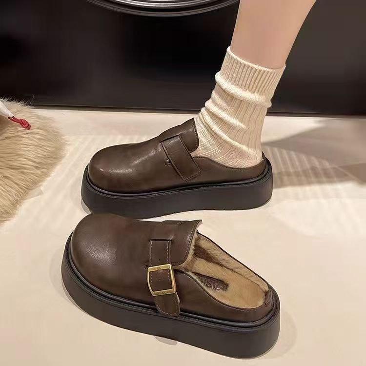 Autumn and winter wear a pedal bag head half slippers 2025 new Mao Mao cotton drag popular leather Birkencotton slippers women