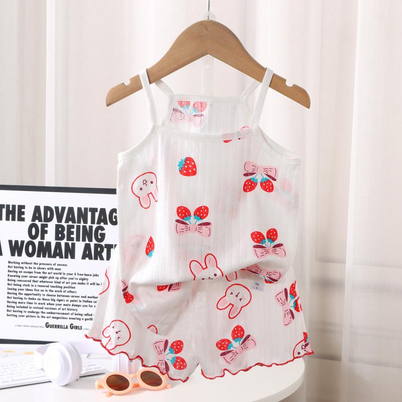 Conjunto de Pijama Feminino de Algodão Sem Mangas Camisola Fina de Verão e Shorts Roupa de Casa Fofa Estampada para Criança Bebê Com Cintura Elástica
