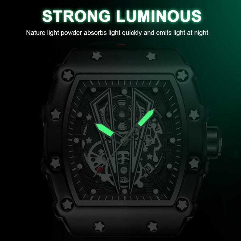 POEDAGAR Moderne Hohlzifferblatt Uhr Sport Top Marke Tonneau Wasserdicht Leuchtend Kalender Silikonarmband Herren Uhren Reloj Hombre