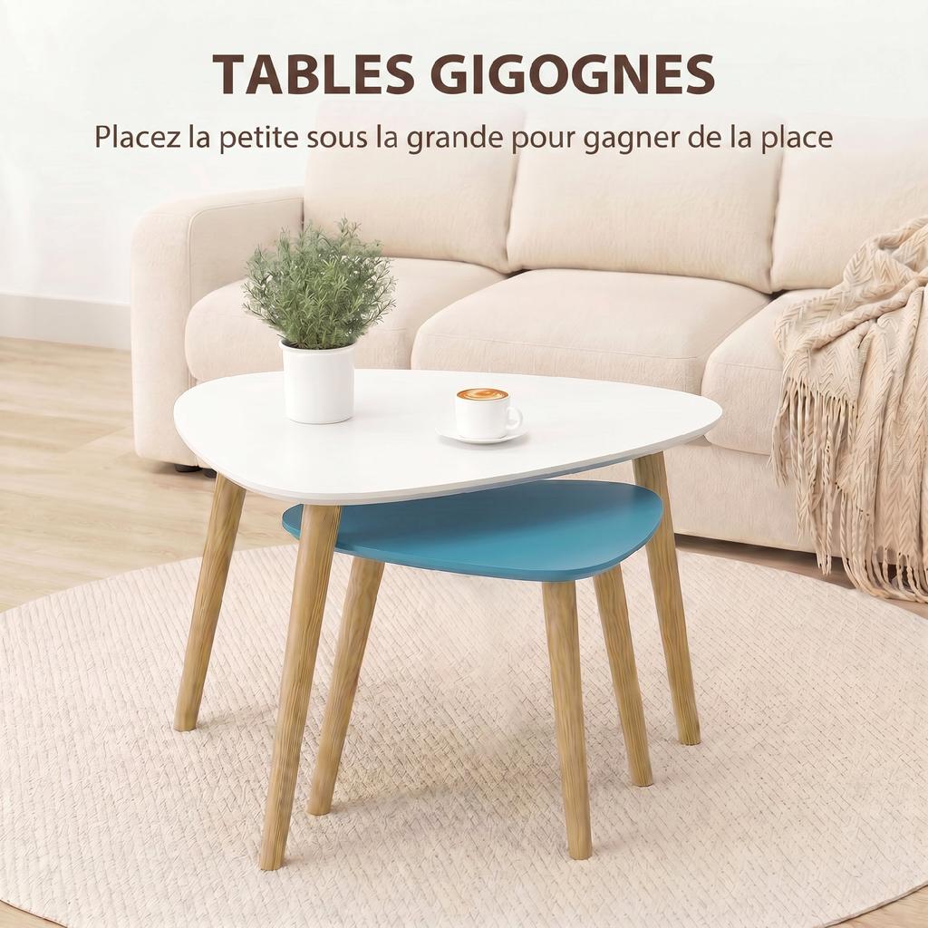 Nesting Coffee Tables, Set of 2, Wooden Legs, Wooden Tops, White and Blue