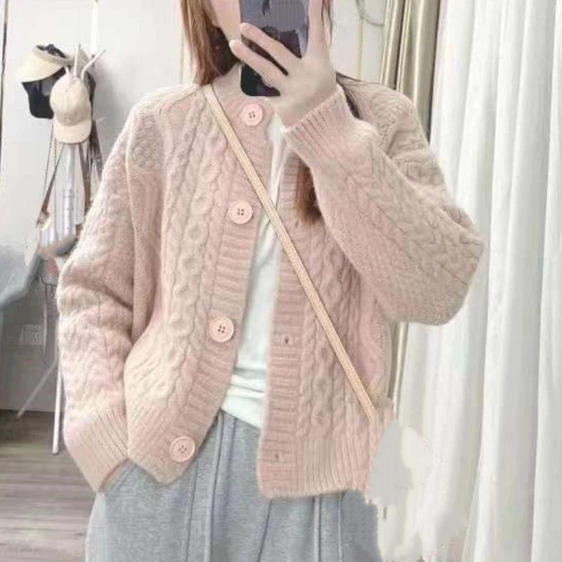 Korean Style Lazy Twist Knit Cardigan Short Round Neck Sweater Coat