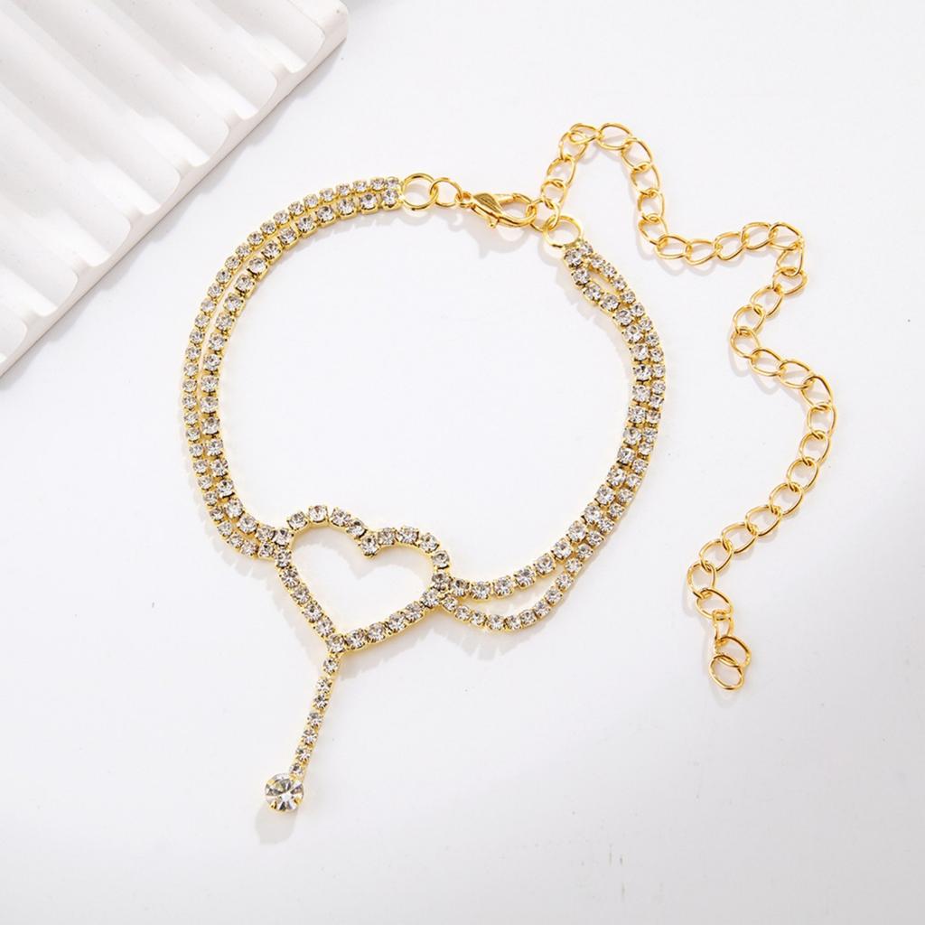 Rhinestone Foot Ornaments, Adjustable Anklet, Crystal Double Heart-shaped Anklet