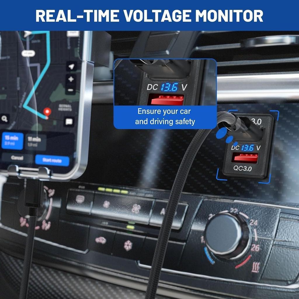 12/24V Quick Charge 3.0 and PD USB C Car Charger Socket Power Adapter with Digital LED Voltmeter for Vehicles