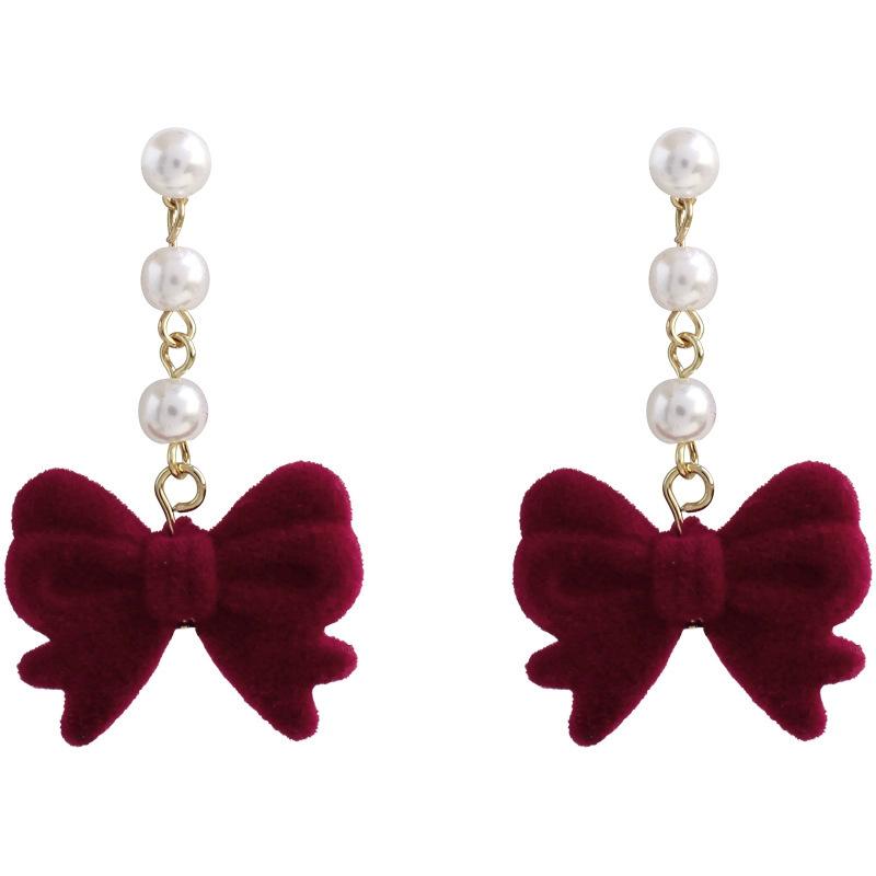 Burgundy Velvet Bow Pearl Stud Earrings Temperament Their Girl Celebrity New Versatile Light Luxury Earrings