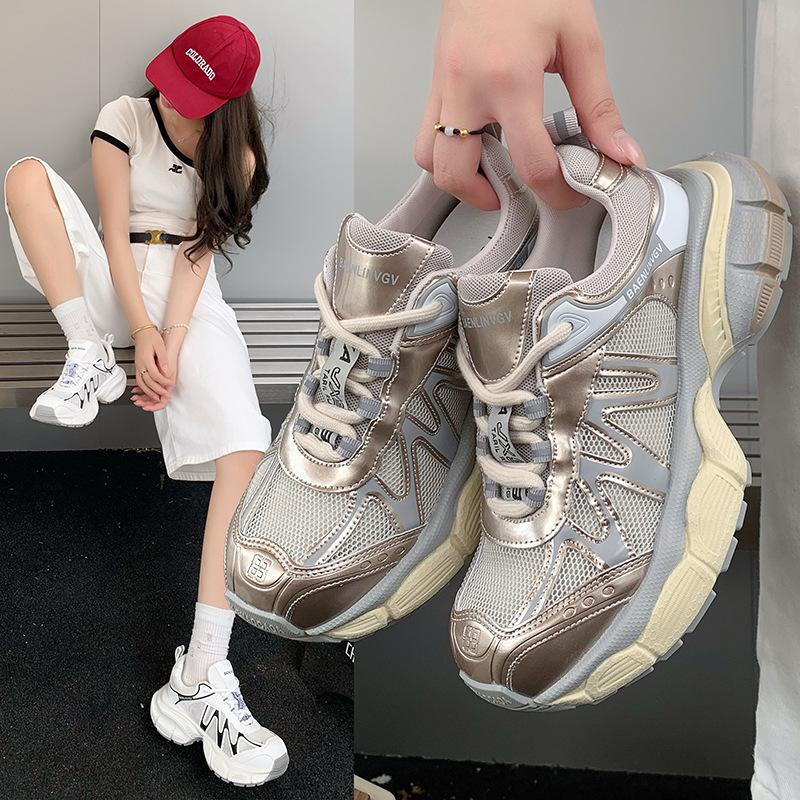 2025 Summer New Imitation Leather Fashion Thick Sole Heightening Dad Shoes Women's Versatile Casual Sports Shoes Breathable Mesh Shoes