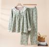 Women's Spring & Summer Pajama Set, Pure Cotton Gauze, Color-Woven Jacquard, Long Sleeve & Pants, Lace Accents, Wearable as Home Wear or Outdoors.