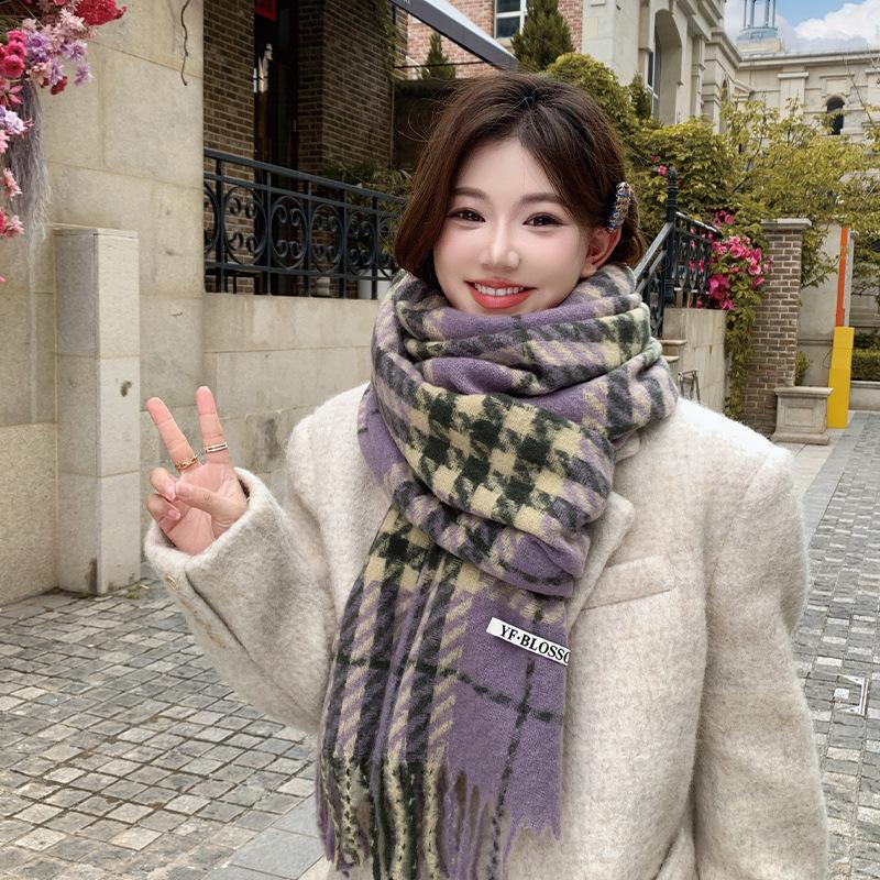 Korean version of premium sense retro long color matching plaid scarf female versatile couple scarf warm thickened shawl student