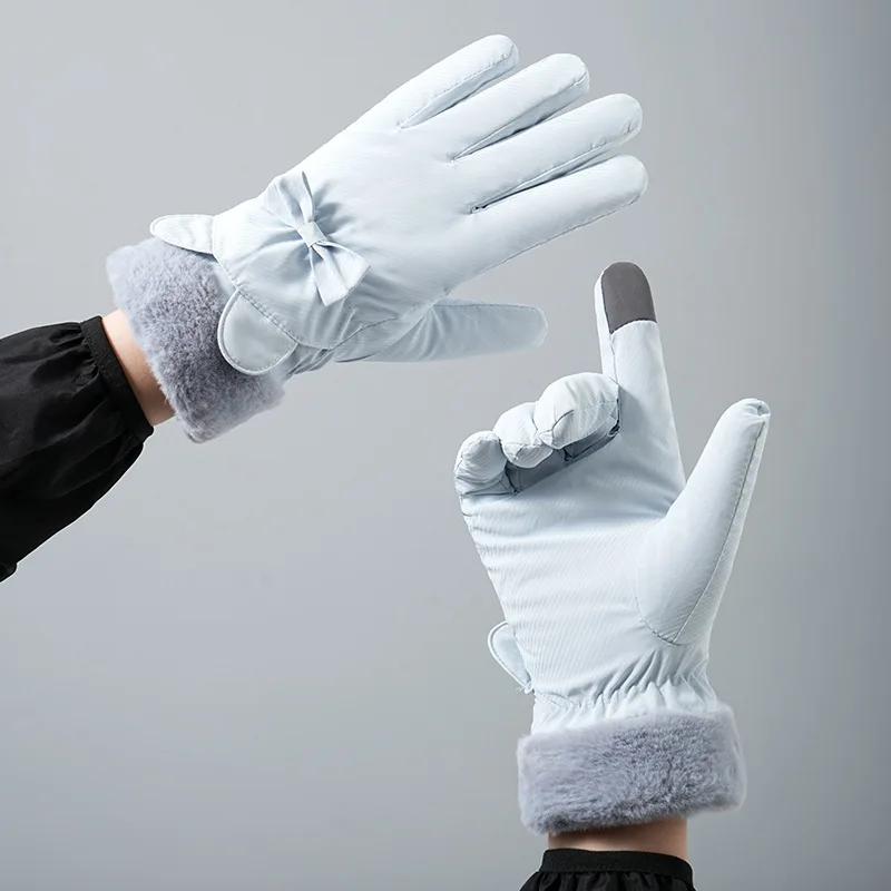 

Cute Bow Women s Winter Gloves | Plus Velvet Thickened Touch Screen | Waterproof Windproof for Student Cycling Ski Outdoor S синий