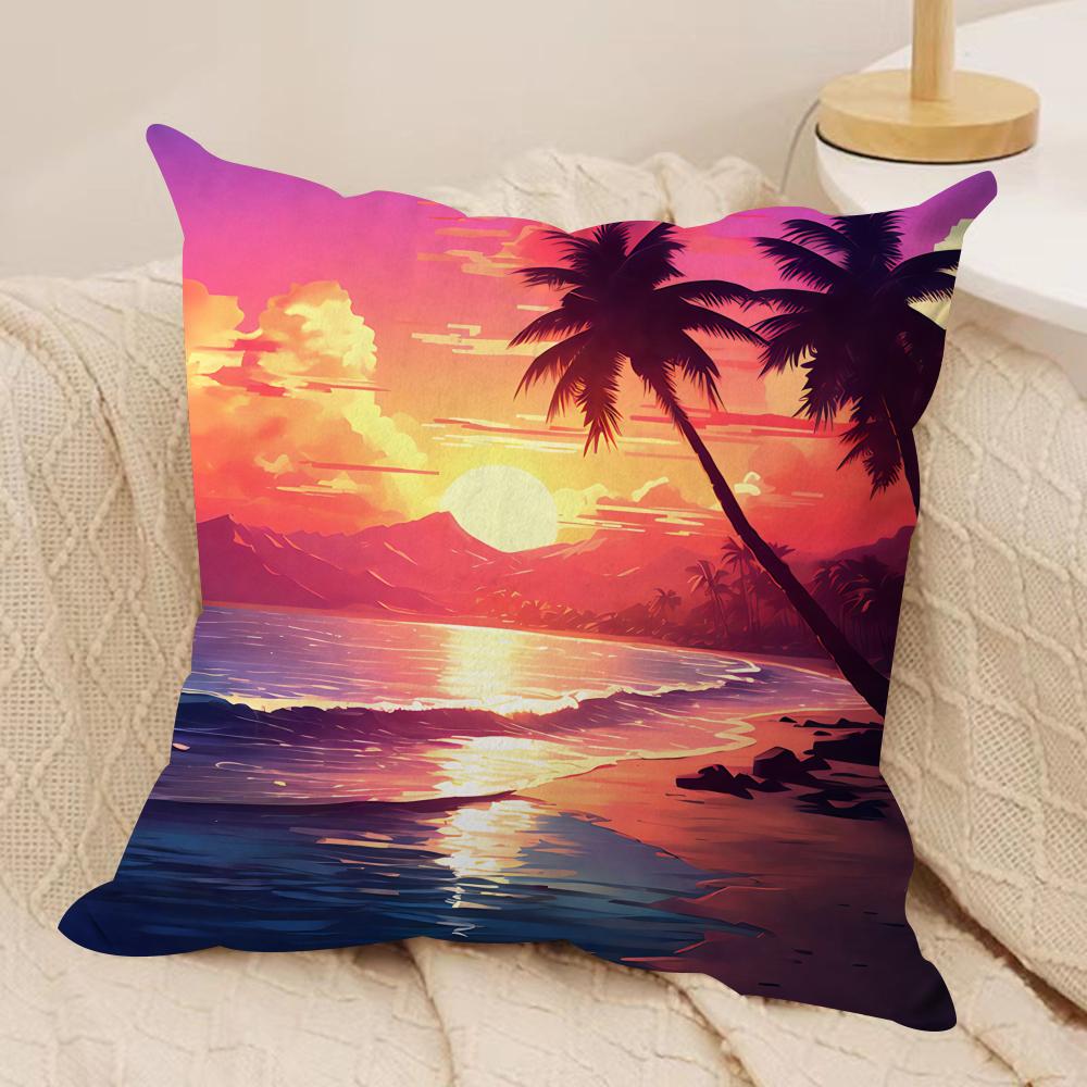 Sunset Palm Tree Fashion Cushion Cover Silky Short Plush Invisible Zipper Dustproof Sofa Pillow Case for Home Decor