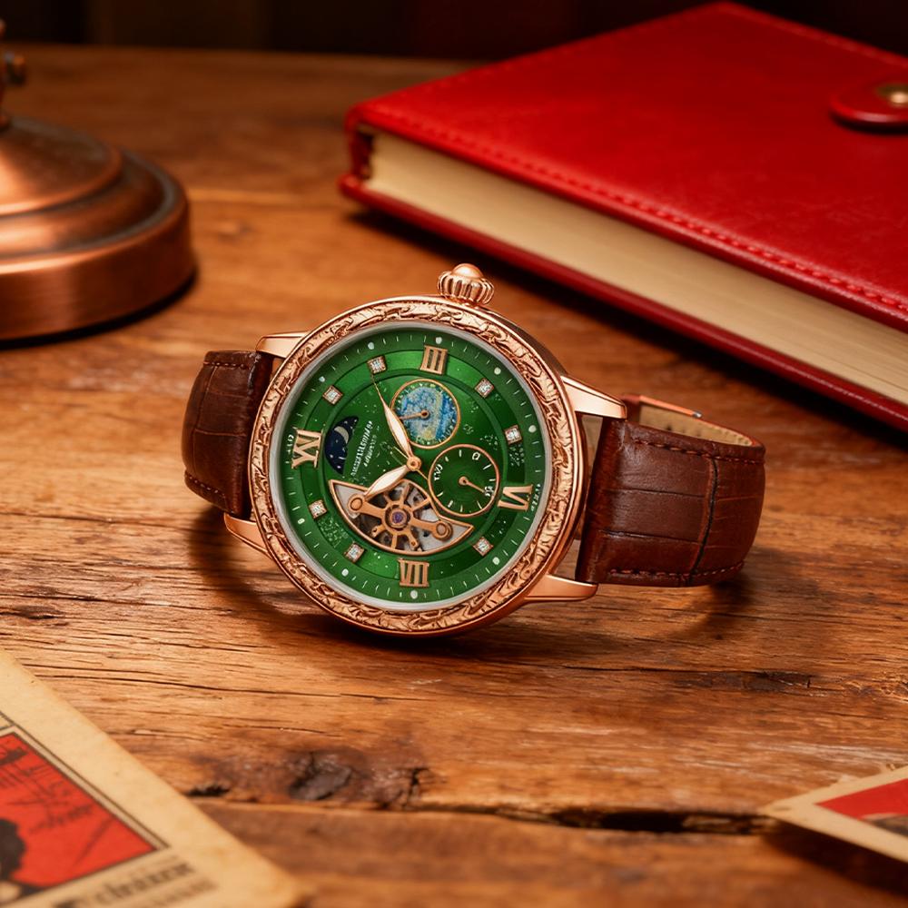 Montre Mécanique Automatique de Luxe pour Homme d'Affaires, avec un Design Squelette, Cadran Sculpté Rétro Élégant comme Cadeau Montres-Bracelets