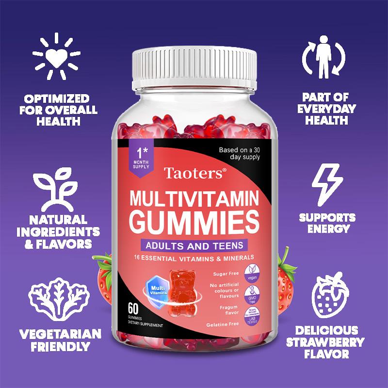 Multivitamin-Gummibärchen für Erwachsene & Teenager, 16 Essentielle Vitamine & Mineralstoffe, Vegan Glutenfrei Gentechnikfrei, 60 Gummibärchen
