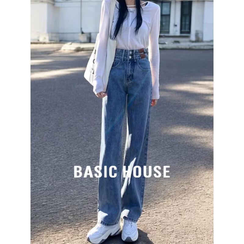 Basic House Women s High-Waist Retro Blue Straight-Leg Jeans S