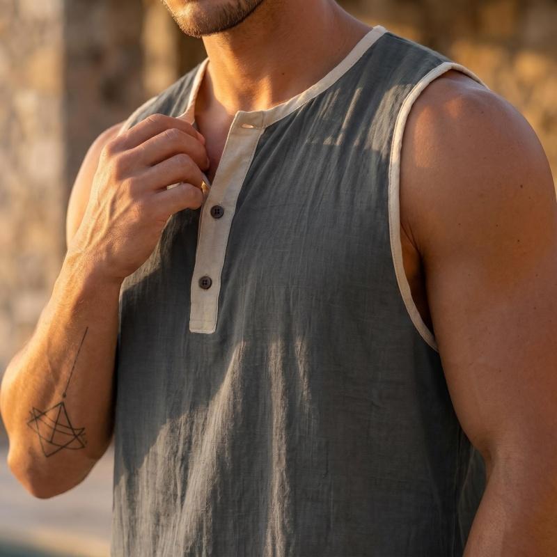 Vintage Men's Linen Tank Top Summer Beach Sleeveless Henley Shirts Hippie Boho Solid Vest Casual Loose Breathable Tops Male Clothes 2026