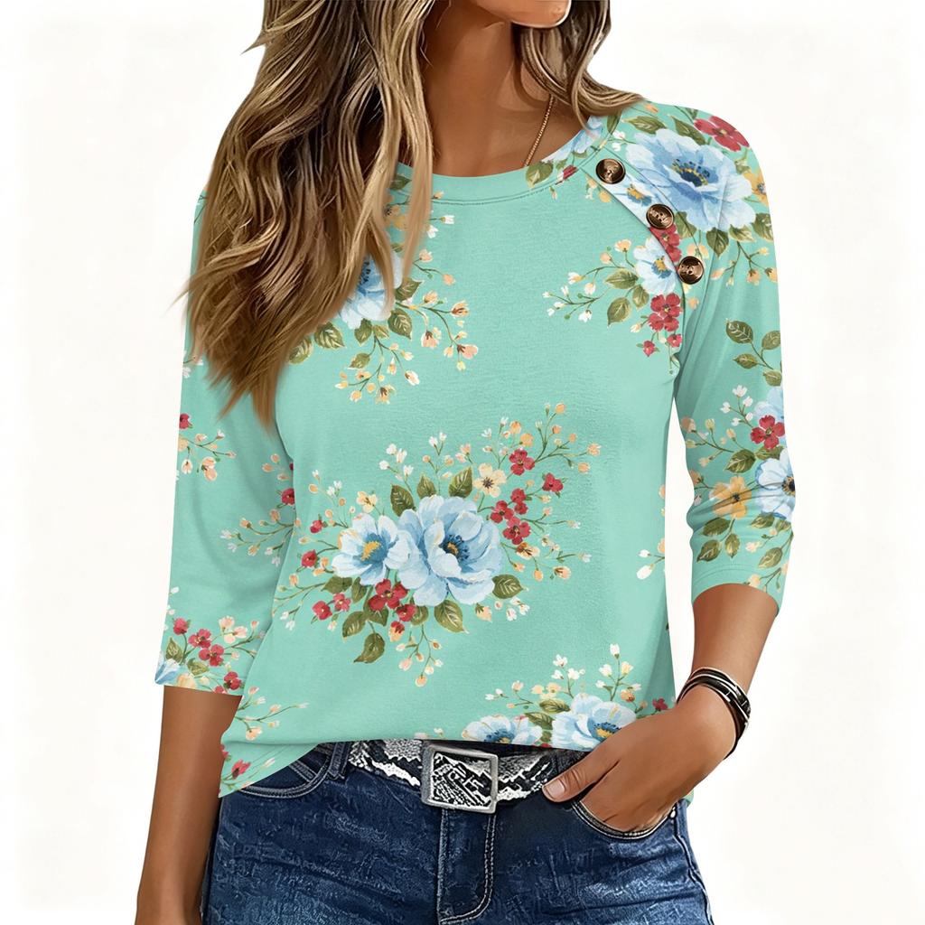 Damen 3/4 Ärmel Rundhals Knopfleiste Blumenmuster Oberteil Weicher Stoff Lässiger Lockerer Sitz T-Shirt für den Alltag