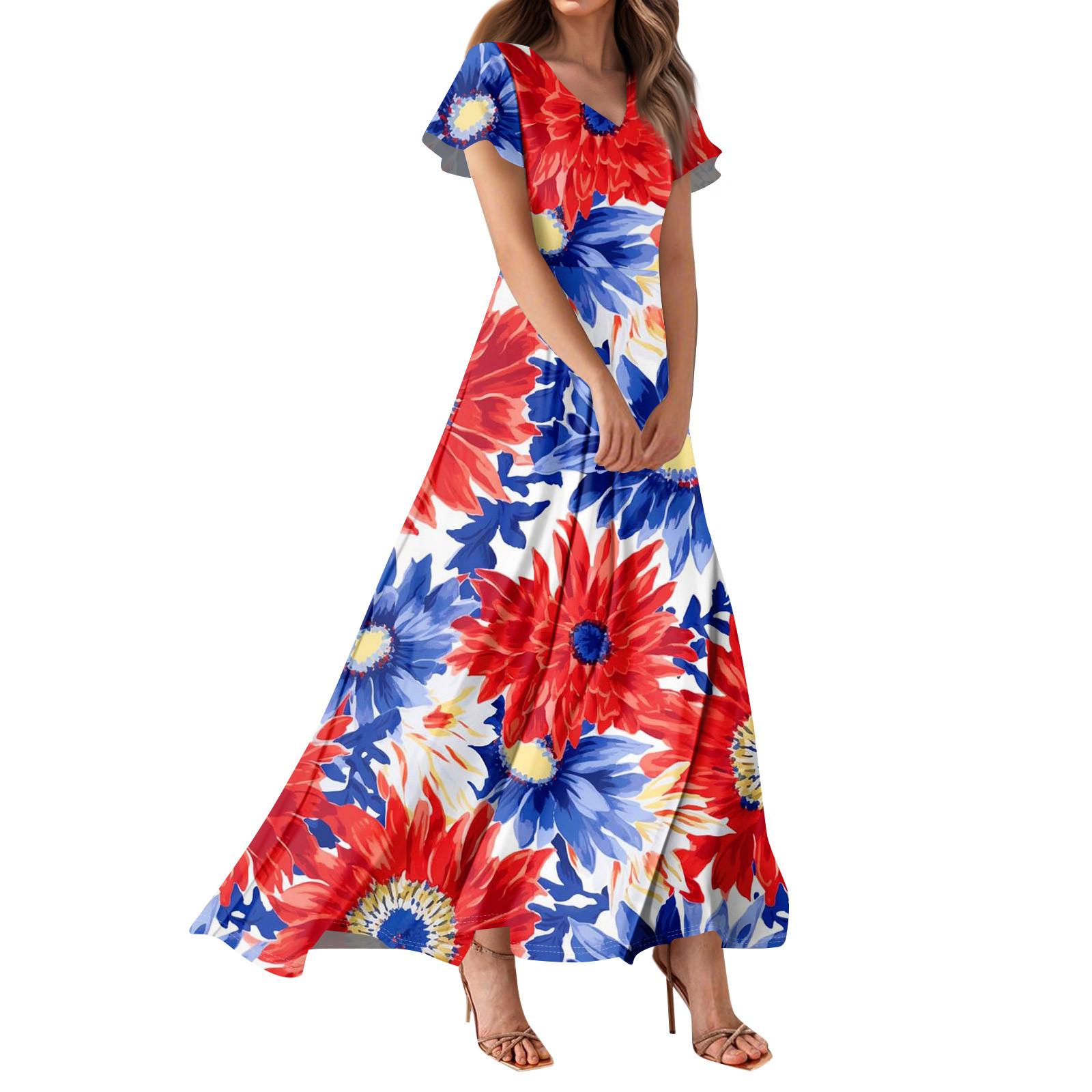 

Женское повседневное платье с принтом флага Дня независимости, V-образным вырезом, короткими рукавами и высокой талией M киноварь