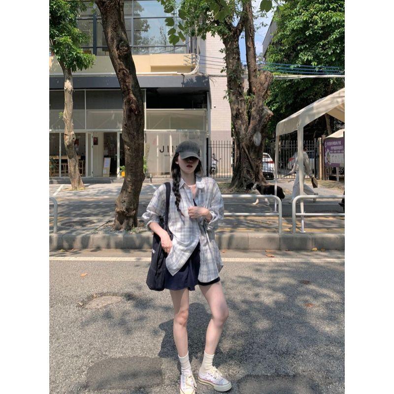 Kumikumi Fashion Suit Long Sleeves Shirt Women's Autumn Inner Suspender Vest Slimming Versatile Shorts Three-Piece Set