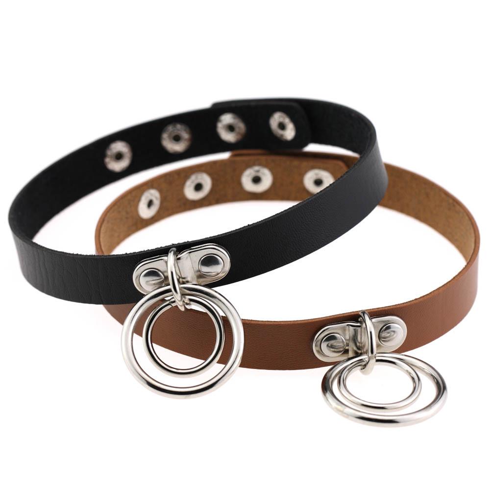 Europeisk og amerikansk punkstil lær dobbel ring choker halskjede
