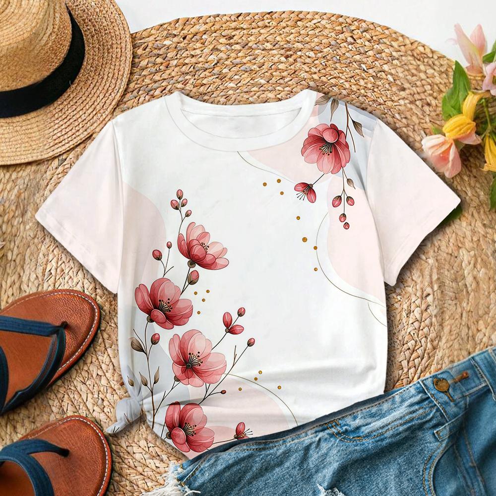 

Мода и Художественный Стиль Синий Цветочный Красный Цветочный Принт Повседневная Женская Футболка с Коротким Рукавом L