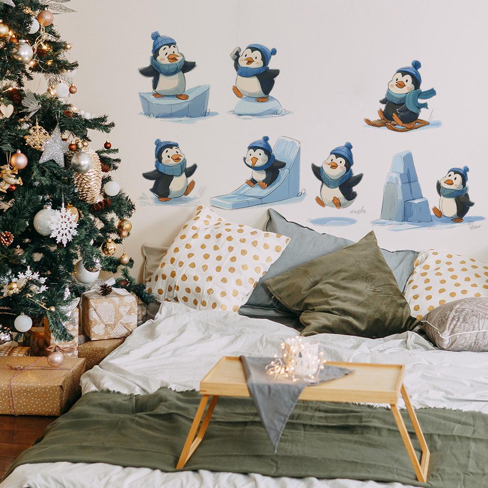 Cartoon Penguin Skating Christmas Atmosphere Home Wall Beautification and Decoration Stickers