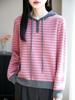 Women's Casual Wool Striped Hoodie - Three-Button, Color-Block, Loose Fit for Spring/Autumn